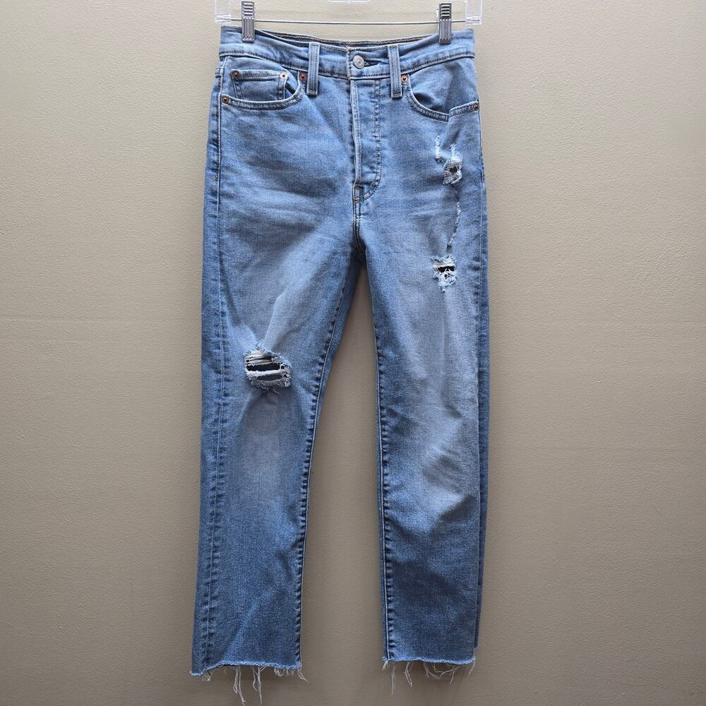 Levi’s Wedgie Straight High Rise Jeans Distressed Raw Hem Blue Light Wash 27